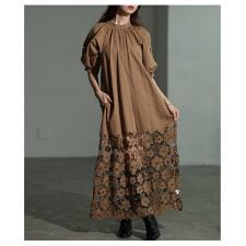 【ワンピース】 花柄 レース ボリューム袖 リボン 半袖 ロング 切り替え ポケット ブラウン 秋