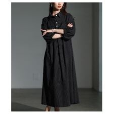 【ワンピース】 ブラック ネイビー 黒 紺 7分袖 パフスリーブ ロング丈 ストライプ柄 コットン