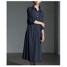 【ワンピース】 ブラック ネイビー 黒 紺 7分袖 パフスリーブ ロング丈 ストライプ柄 コットン