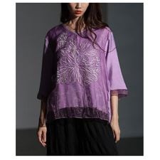 【ブラウス】 トップス シャツ グレー パープル 紫 7分袖 花柄 刺繍 シアー レイヤード 秋服