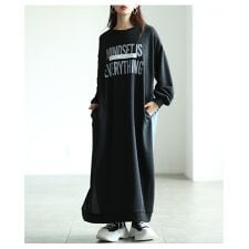 サワアラモード(sawa a la mode)の【ワンピース】 異素材 ロゴ スウェット デニム 長袖 ロング スリット ポケット ブラック グレー