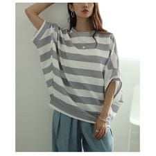 【カットソー】 トップス プルオーバー ブラック 黒 グレー 5分袖 ボーダー ドルマンスリーブ 秋