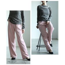 【パンツ】 スラックス タック ウエストゴム ロング ワイド 黒 白 グレー ピンク カーキ 通年