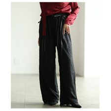 【パンツ】 ジャガード 総柄 リボン ワイド ロング ウエストゴム シアー ブラック ブラウン 通年