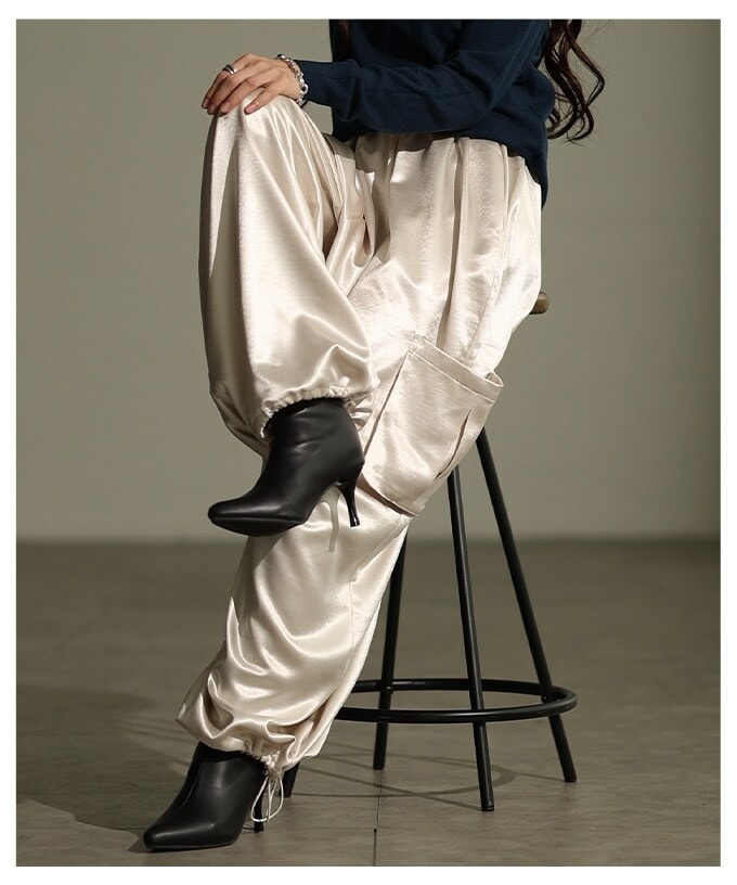 【パンツ】 カーゴ サテン ワイド ロング ウエストゴム ドロスト ポケット ブラック オフホワイト