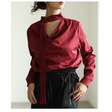 【トップス】 ブラウス プルオーバー タイ リボン 長袖 切り替え カフス 黒 グレー ボルドー