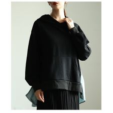 【パーカー】 トップス プルオーバー 長袖 ブラック 黒 異素材 タック 綿 コットン フレア 秋服