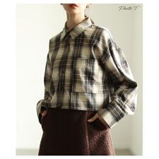 【ブラウス】 トップス シャツ 羽織り ブラック ブラウン ショート丈 長袖 チェック柄 コットン