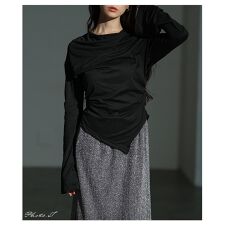 【トップス】 カットソー ドレープ ボートネック ベルスリーブ アシンメトリー 長袖 黒 グレー