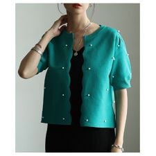 サワアラモード(sawa a la mode)の【トップス】 カーディガン ニット パール ドット 半袖 パフスリーブ ブラック グリーン オリーブ