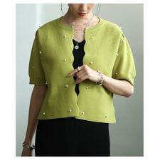 サワアラモード(sawa a la mode)の【トップス】 カーディガン ニット パール ドット 半袖 パフスリーブ ブラック グリーン オリーブ