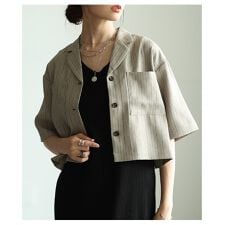 【アウター】 ジャケット ストライプ シングル 半袖 バックジップ 羽織り ブラック グレージュ