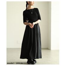 【ワンピース】 ブラック 黒 ネイビー 紺 5分袖 ロング ニット フレア 異素材 リブ ドッキング