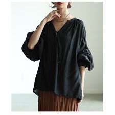 【ブラウス】 トップス シャツ ダークブラウン オフホワイト ブラック ラベンダー 長袖 スキッパー