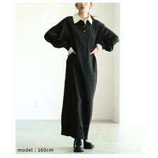 【ワンピース】 黒 ブラック チャコール 長袖 ロング丈 ニット レイヤード 重ね着 トラッド 秋服