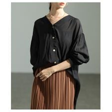 【トップス】 シャツ ブラウス シアー Vネック ノーカラー 長袖 羽織り ブラック オフホワイト