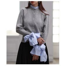 【トップス】 カーディガン 重ね着風 ニット ブラウス リボン スタンドカラー 長袖 ボタン グレー