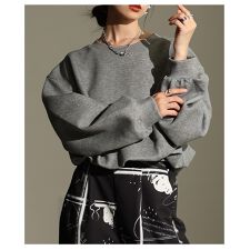 【トップス】 プルオーバー バルーン スウェット トレーナー 長袖 リブ ショート グレー オフ