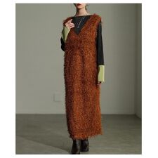 【ワンピース】 フェザー ニット ジャンパースカート Vネック ロング 重ね着 黒 グレー ブラウン