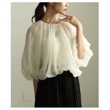【トップス】 ブラウス バルーン オーガンジー シアー 半袖 5分袖 レイヤード 黒 茶色 白
