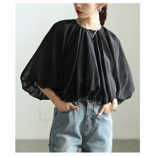 【トップス】 ブラウス バルーン オーガンジー シアー 半袖 5分袖 レイヤード 黒 茶色 白