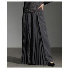 【パンツ】 プリーツ ワイド ロング フレア ウエストゴム ドロスト ポケット ブラック グレー