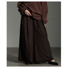 【パンツ】 ワイド シアー ロング ウエストゴム ドロスト フレア ガウチョ ブラック ブラウン