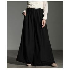 【パンツ】 ワイド シアー ロング ウエストゴム ドロスト フレア ガウチョ ブラック ブラウン