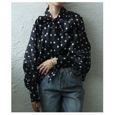 【ブラウス】 ドット ボウタイ レディース トップス シャツ 長袖 水玉 リボン ボリューム袖