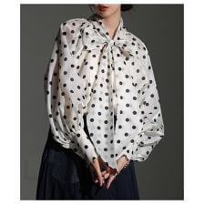 【ブラウス】 ドット ボウタイ レディース トップス シャツ 長袖 水玉 リボン ボリューム袖