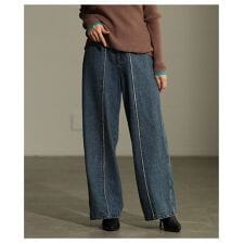 【パンツ】 ボトムス ズボン ブラック ブルー デニム ロング丈 ストレート ライン 綿 コットン