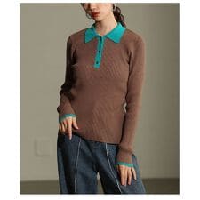 【ニット】 トップス セーター ブラック モカ 杢グレー 長袖 リブ ポロ 襟付き バイカラー 秋服