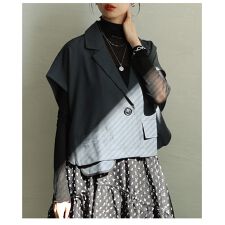 【ジャケット】 アウター 羽織り ベスト ジレ チャコール ベージュ 半袖 テーラード レイヤード