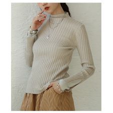 【トップス】 ニット リブ ラメ ベルスリーブ レイヤード風 長袖 スリム ハイネック シンプル