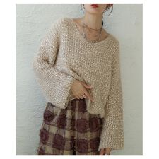 【トップス】 ニット セーター リブ リボンヤーン ローゲージ 長袖 Vネック グレー ベージュ