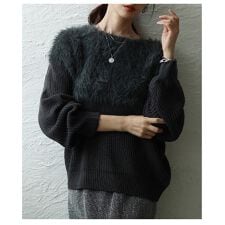 【トップス】 ニット セーター 異素材 シャギー リブ 切替 長袖 ボリューム袖 グレー グレージュ