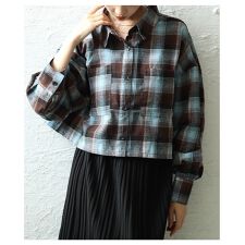 【トップス】 シャツ チェック 長袖 クロップド 羽織り ボタン トラッド 黒 ブラウン アイボリー