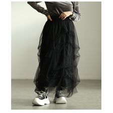 【スカート】 ボトムス ブラック 黒 グレー ロング丈 チェック柄 無地 タック オーガンジー 秋服