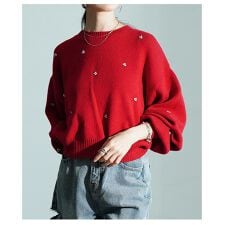 【ニット】トップス レディース 長袖 クロップド丈 ビジュー フェミニン カジュアル 秋 冬