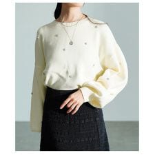 【ニット】トップス レディース 長袖 クロップド丈 ビジュー フェミニン カジュアル 秋 冬