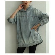 【チュニック】 トップス パーカー プルオーバー ブルー 青 長袖 デニム 綿 コットン フード 秋