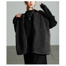 【ベスト】 アウター ジャケット ジレ パーカー グレー ベージュ 半袖 ボア フレンチスリーブ 冬