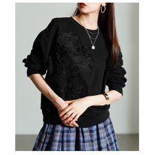 【トップス】 花柄 コード刺? スウェット プルオーバー トレーナー 長袖 裏毛 リブ ブラック 黒