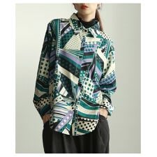 【シャツ】 レディース トップス ブラウス 長袖 幾何学模様 モード カジュアル 春 秋 冬