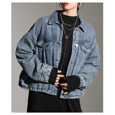 【アウター】 ジャケット デニム 中綿 長袖 ドロスト ポケット 裏地 ボタン ブラック ブルー