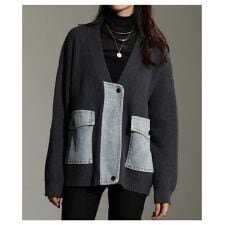 【トップス】 ニット カーディガン 異素材 デニム 長袖 Vネック リブ ジップアップ ポケット