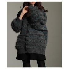 【トップス】 カーディガン 異素材 ニット ファー ボーダー ジャガード 長袖 グレー ブラウン