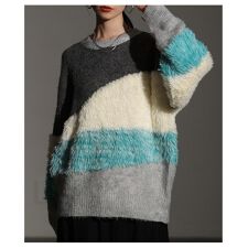 【トップス】 ニット セーター シャギー ボーダー 起毛 配色 異素材 長袖 グレー ブラウン 秋冬