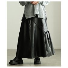 【スカート】 フェイクレザー ギャザー フレア アシンメトリー ロング ブラック ブラウン 秋 冬