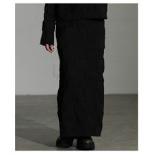 【スカート】 ニット チェック エンボス 立体 ウエストゴム ナロー 黒 杢グレー ライムグリーン